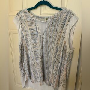 Lysse Cream and Blue Patterned Blouse xl